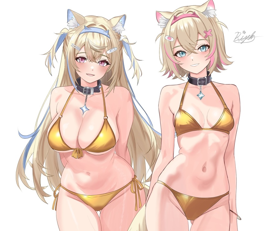 2girls, animal_ear_fluff, animal_ears, bikini, black_collar, blonde_hair, blue_eyes, blue_hair