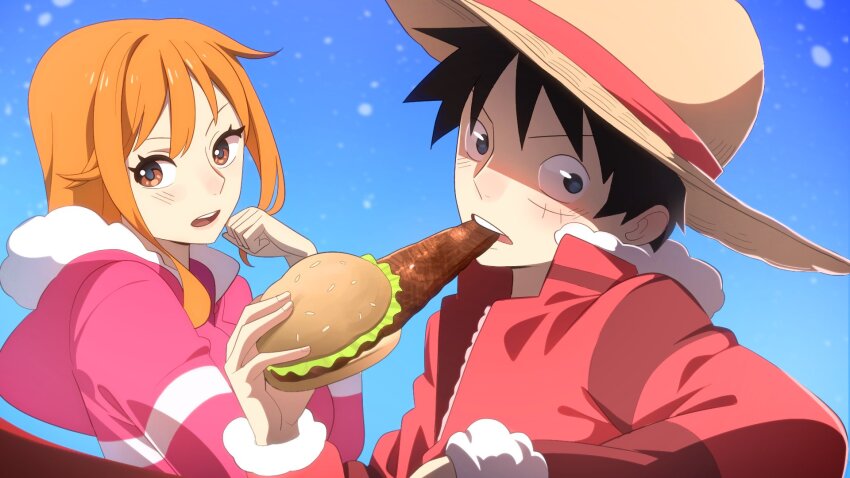 1boy, 1girl, black_hair, blue_sky, blush, brown_eyes, burger, coat
