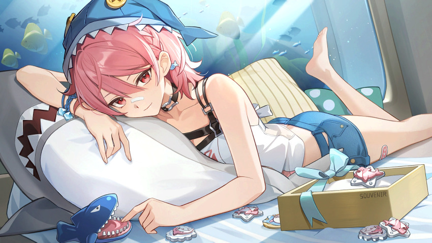 1girl, animal_hat, aqua_ribbon, aquarium, bandaid, bandaid_on_face, bandaid_on_nose, bandaid_on_thigh