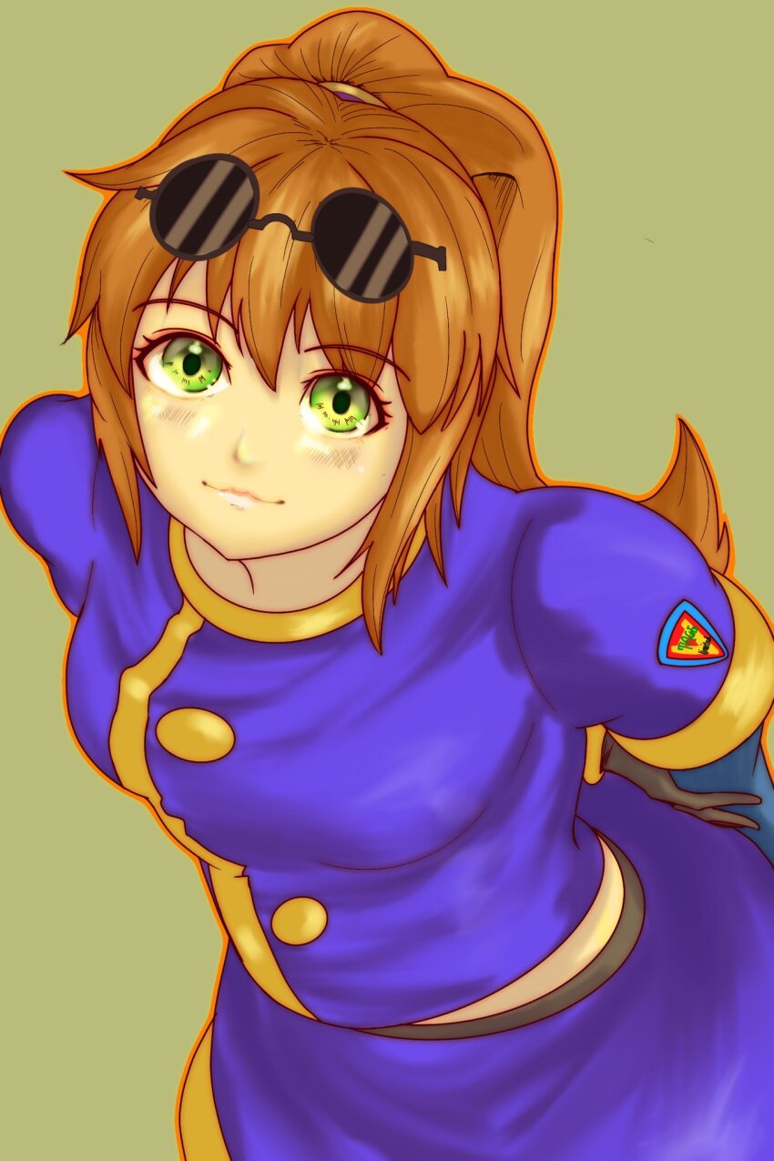 1girl, :3, brown_hair, closed_mouth, eyewear_on_head, green_eyes, highres, kodanuki