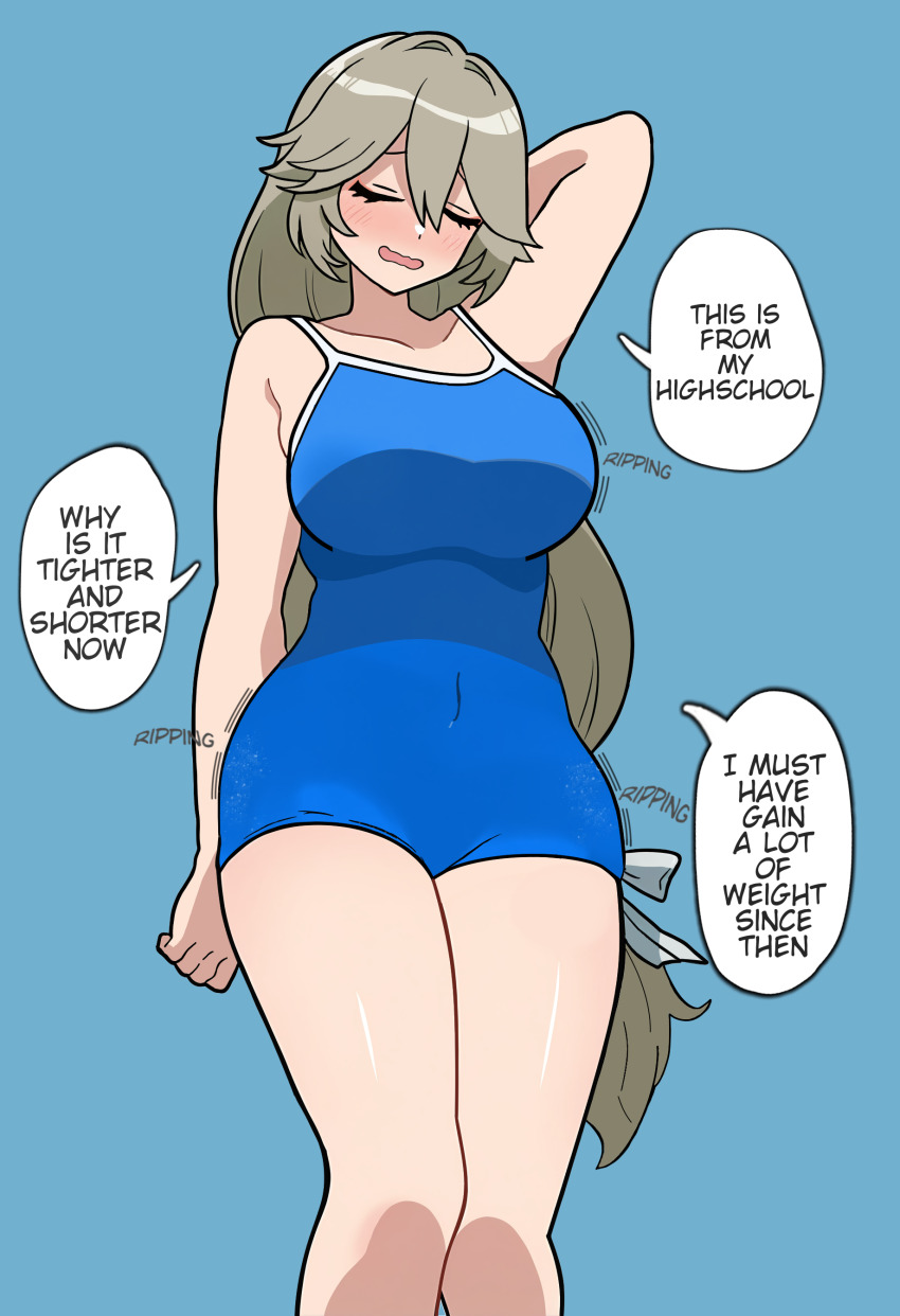 1girl, absurdres, alexandrina_sebastiane, blue_background, breasts, commentary, covered_navel, english_commentary