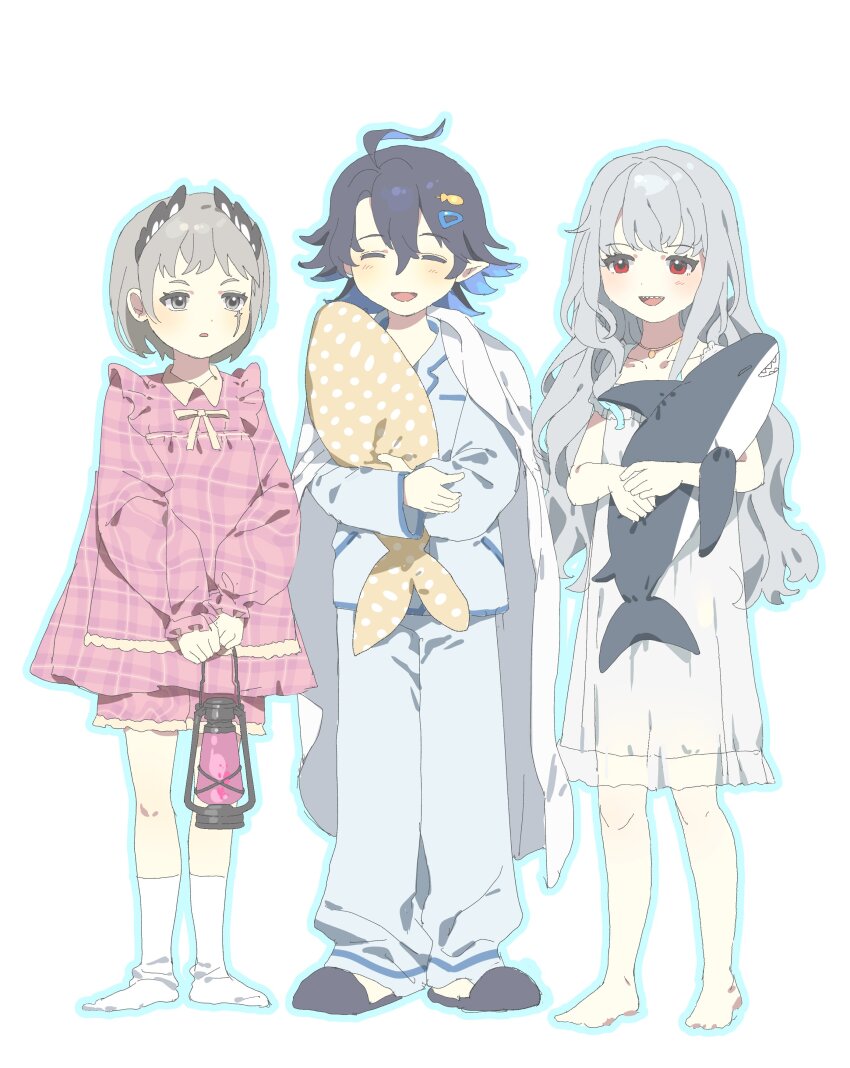 1boy, 2girls, absurdres, aehobakjeon, aged_down, alternate_costume, arknights, barefoot