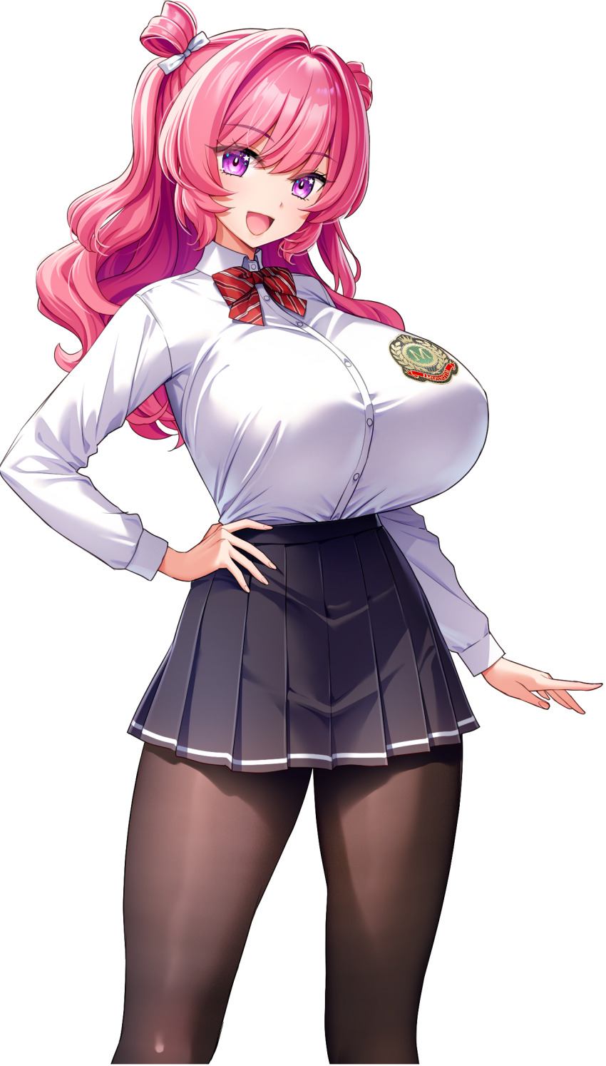 1girl, :d, arm_at_side, black_pantyhose, black_skirt, bow, bowtie, breasts