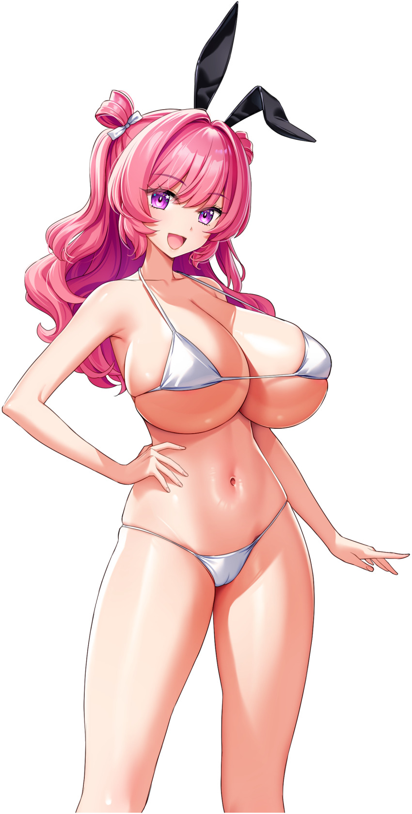 1girl, :d, absurdres, animal_ear_hairband, animal_ears, arm_at_side, bikini, black_hairband, breasts, chichino_kaori, cleavage, derauea, double_bun, fake_animal_ears, game_cg, hair_bun, hair_intakes, hair_rings, hairband, hand_on_own_hip, highres, huge_breasts, light_blush, long_hair, looking_at_viewer, micro_bikini, motto!_haramase!_(series), motto!_haramase!_honoo_no_oppai_isekai_oppai_bunny_gakuen!, navel, non-web_source, nontraditional_playboy_bunny, official_art, open_mouth, pink_hair, purple_eyes, rabbit_ear_hairband, rabbit_ears, smile, solo, standing, star_(symbol), star_in_eye, swimsuit, symbol_in_eye, tachi-e, transparent_background, wavy_hair, wavy_sidelocks, white_bikini