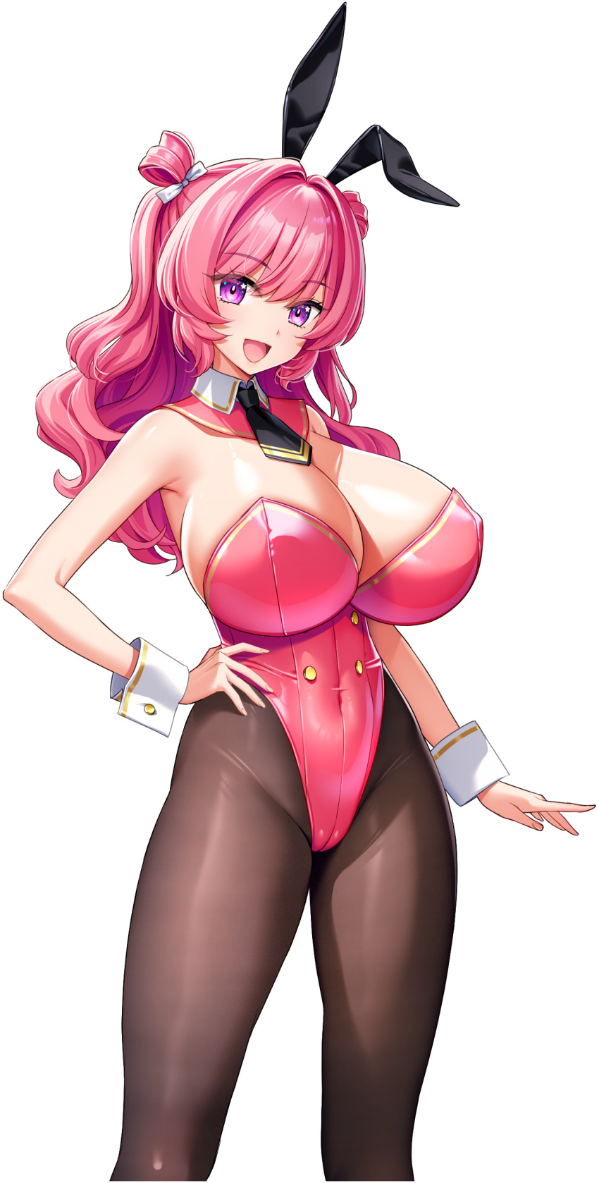 1girl, :d, absurdres, animal_ear_hairband, animal_ears, arm_at_side, black_hairband, black_necktie, breasts, chichino_kaori, cleavage, covered_navel, derauea, detached_collar, double_bun, fake_animal_ears, game_cg, hair_bun, hair_intakes, hair_rings, hairband, hand_on_own_hip, highleg, highleg_leotard, highres, huge_breasts, leotard, light_blush, long_hair, looking_at_viewer, motto!_haramase!_(series), motto!_haramase!_honoo_no_oppai_isekai_oppai_bunny_gakuen!, necktie, non-web_source, official_art, open_mouth, pantyhose, pink_hair, pink_leotard, playboy_bunny, purple_eyes, rabbit_ear_hairband, rabbit_ears, smile, solo, standing, star_(symbol), star_in_eye, strapless, strapless_leotard, symbol_in_eye, tachi-e, transparent_background, wavy_hair, wavy_sidelocks, white_wrist_cuffs, wrist_cuffs