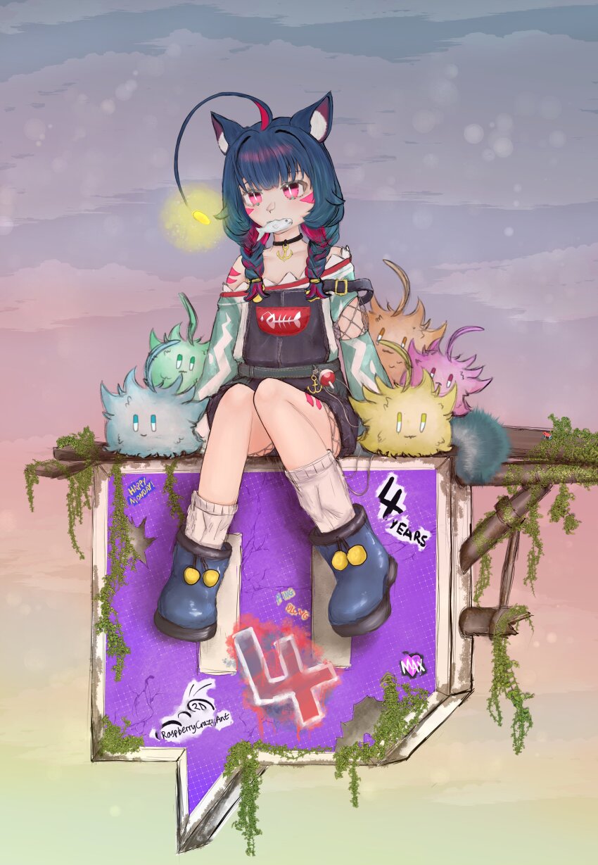 1girl, absurdres, anglerfish_girl, animal_ears, anniversary, bare_shoulders, blue_boots, blue_hair, blue_overalls, boots, braid, breasts, cat_ears, cat_girl, cat_tail, choker, commentary, english_commentary, english_text, facial_mark, fish_girl, fish_skeleton, fishnets, food_in_mouth, gills, heart, heart-shaped_hair, highres, indie_virtual_youtuber, jewelry, kitanya_(anglerfish), kitanya_nyanta, max_(kitanya), multicolored_hair, necklace, overall_shorts, overalls, perching, petite, raspcrazyant, red_eyes, red_hair, sitting, small_breasts, socks, tail, triangle, triangle_facial_mark, twin_braids, twitch_logo, virtual_youtuber, white_socks