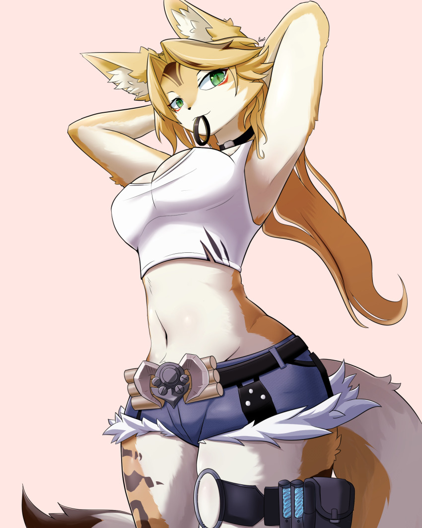 1girl, absurdres, animal_ear_fluff, animal_ears, arms_behind_head, arms_up, black_choker, blonde_hair, blue_shorts, body_fur, breasts, cat_ears, cat_girl, cat_tail, choker, cleavage, cleavage_cutout, clothing_cutout, crop_top, cropped_shirt, ezest, furry, furry_female, green_eyes, highres, large_breasts, long_hair, looking_at_viewer, midriff, mouth_hold, navel, o-ring, o-ring_thigh_strap, parted_bangs, ponytail, pulchra_fellini, shirt, short_shorts, shorts, smile, solo, tail, thigh_strap, white_shirt, yellow_fur, zenless_zone_zero