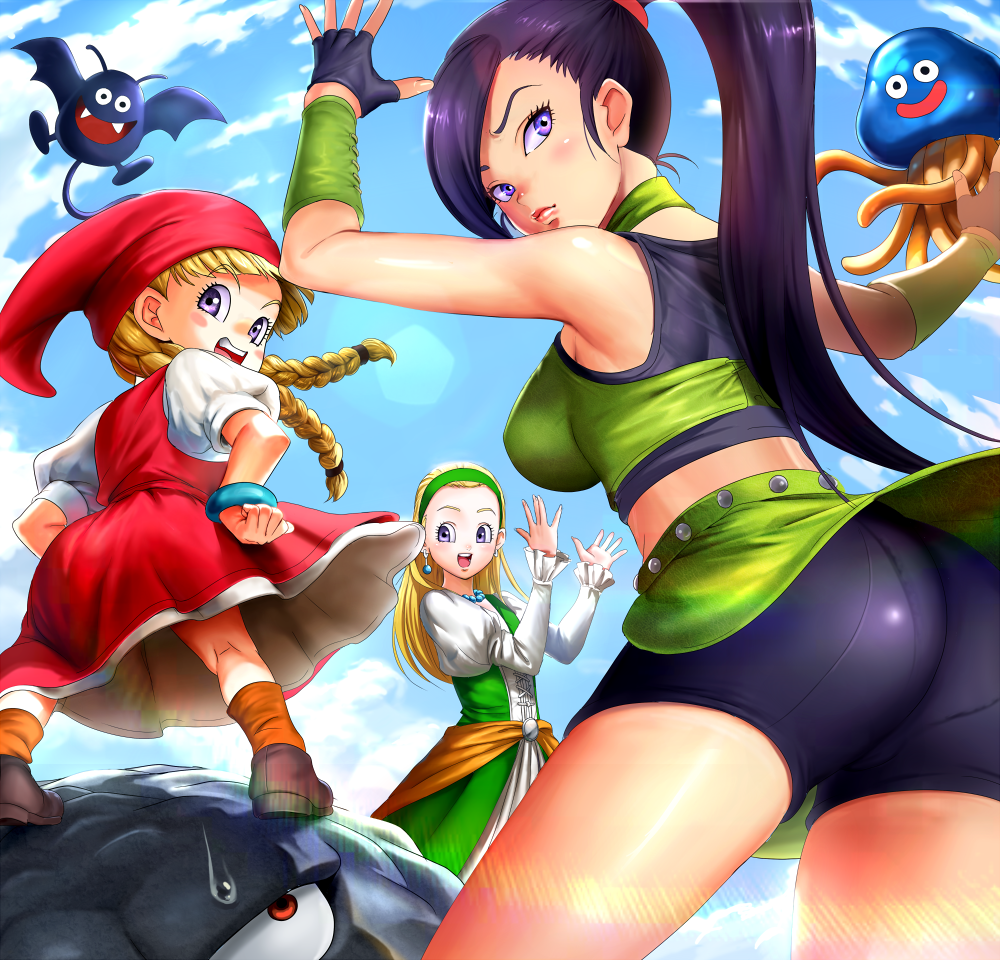 3girls, ass, blue_sky, breasts, dragon_quest, dragon_quest_xi, large_breasts, martina_(dq11)