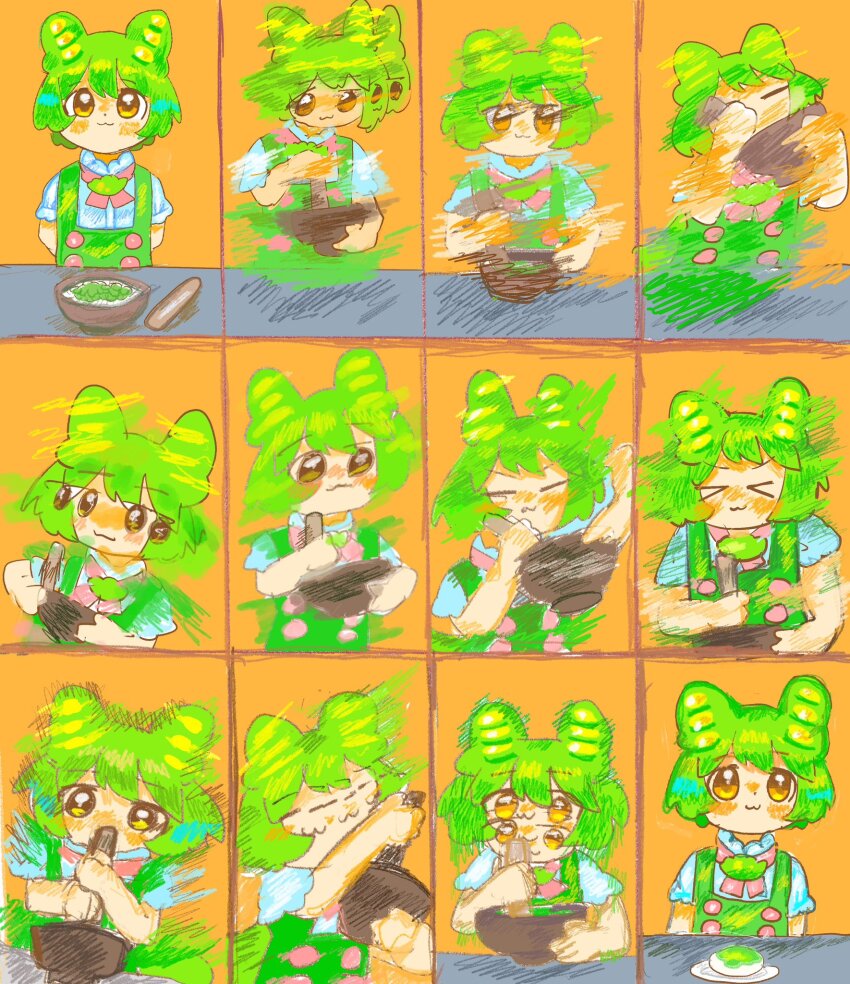 >_<, 1girl, :3, closed_eyes, closed_mouth, edamame, fine_art_parody, green_hair, highres, k_(coldsleeeeeeep), mortar_(bowl), motion_blur, orange_background, parody, pea_pod, pestle, shirt, short_hair, smile, the_making_of_the_perfect_martini, upper_body, voiceroid, voicevox, white_shirt, yellow_eyes, zunda_mochi, zundamon