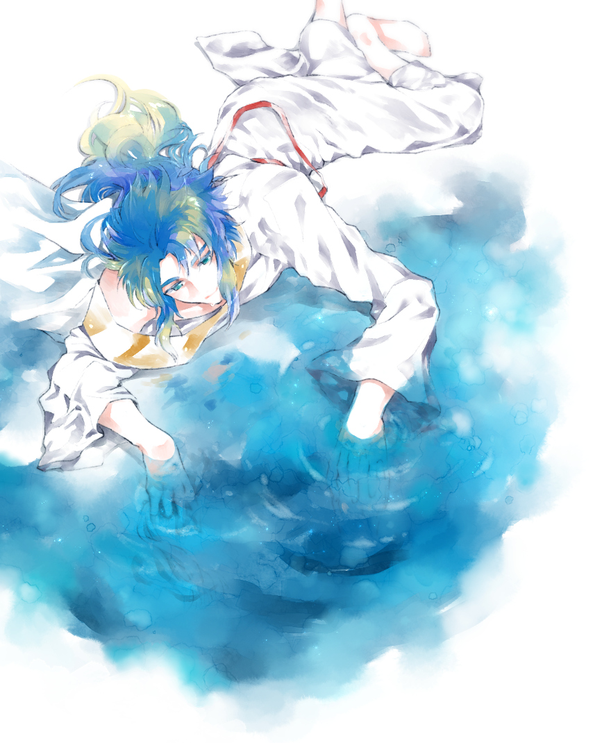 1boy, barefoot, blonde_hair, blue_hair, chikin_maro, from_above, full_body, julian_solo