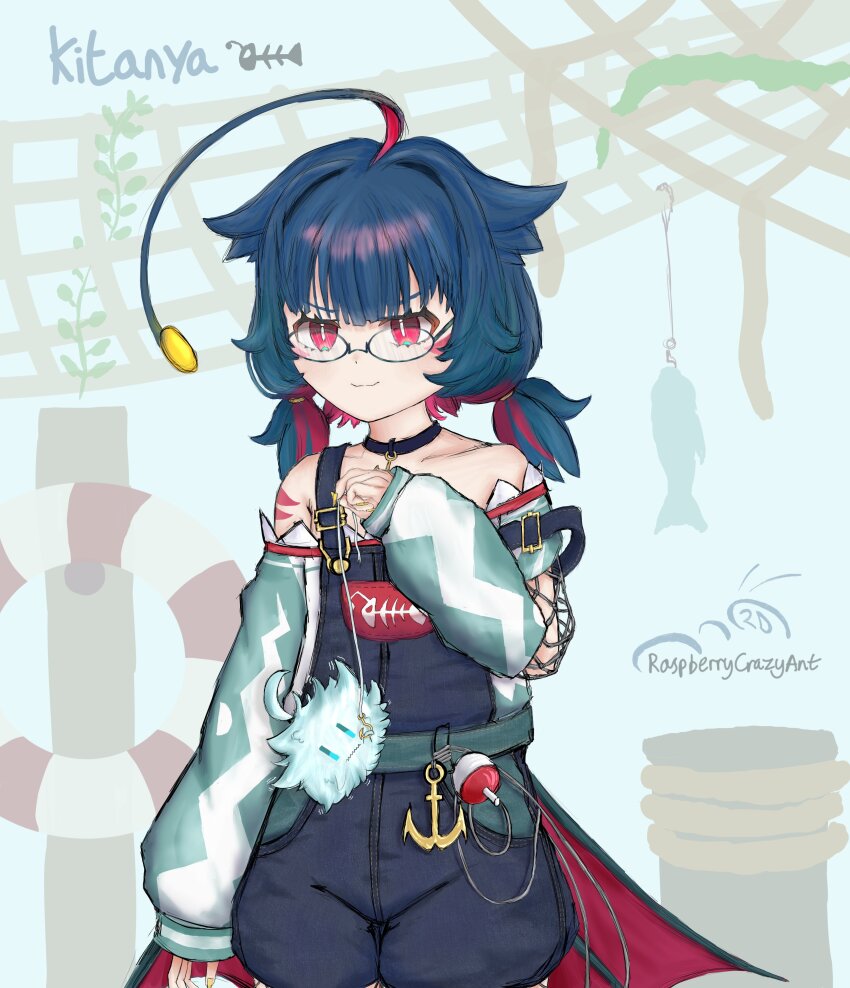 >:), 1girl, absurdres, ahoge, anchor_necklace, anglerfish_girl, bare_shoulders, belt, bioluminescence, blue_hair, blue_overalls, choker, commentary, detached_sleeves, english_commentary, evil_smile, facial_mark, fingernails, fish, fish_girl, fish_skeleton, fishing_line, fishing_lure, fishnets, flat_chest, gills, glasses, glowing, hair_intakes, hair_tie, highres, huge_ahoge, indie_virtual_youtuber, jewelry, kitanya_(anglerfish), kitanya_nyanta, lifebuoy, long_fingernails, lure, max_(kitanya), multicolored_hair, necklace, overalls, petite, raspcrazyant, red_eyes, red_hair, round_eyewear, short_twintails, shorts, smile, suspender_shorts, suspenders, swim_ring, triangle, triangle_facial_mark, twintails, upper_body, v-shaped_eyebrows, virtual_youtuber, yellow_nails