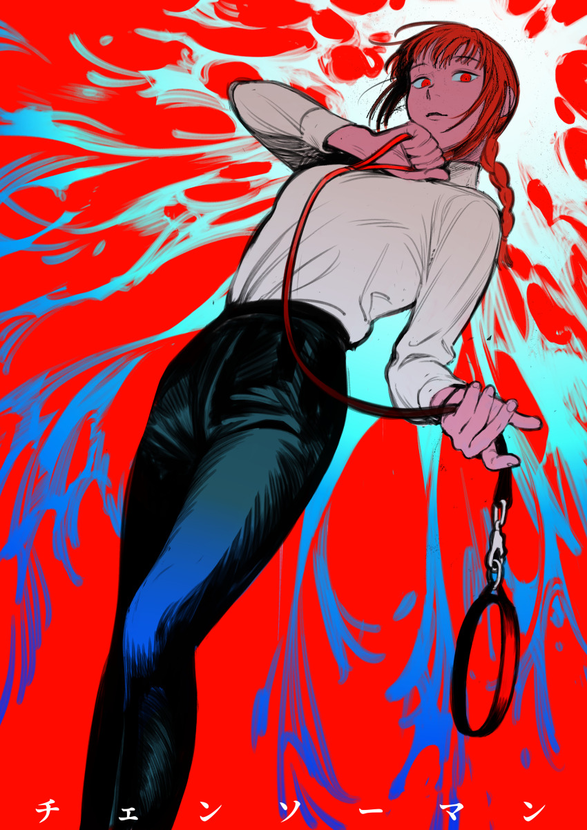 absurdres, black_pants, chainsaw_man, collared_shirt, demon_girl, dt_777_tb, from_below, highres