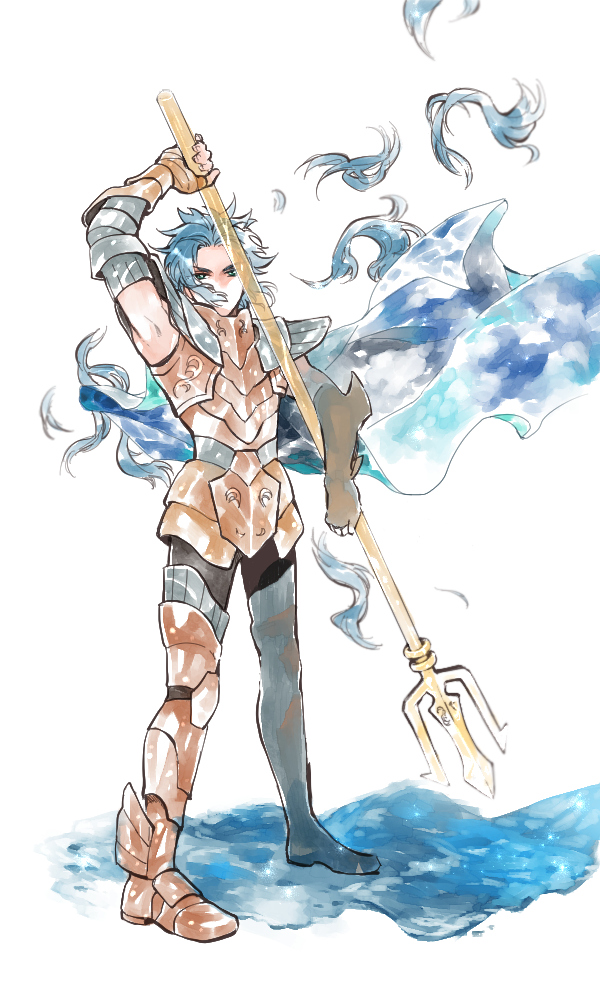 1boy, arm_up, armor, armored_boots, blue_hair, boots, chikin_maro, full_body, gemini_kanon, gold_armor, holding, holding_polearm, holding_weapon, looking_at_viewer, male_focus, polearm, saint_seiya, severed_hair, solo, standing, trident, water, weapon