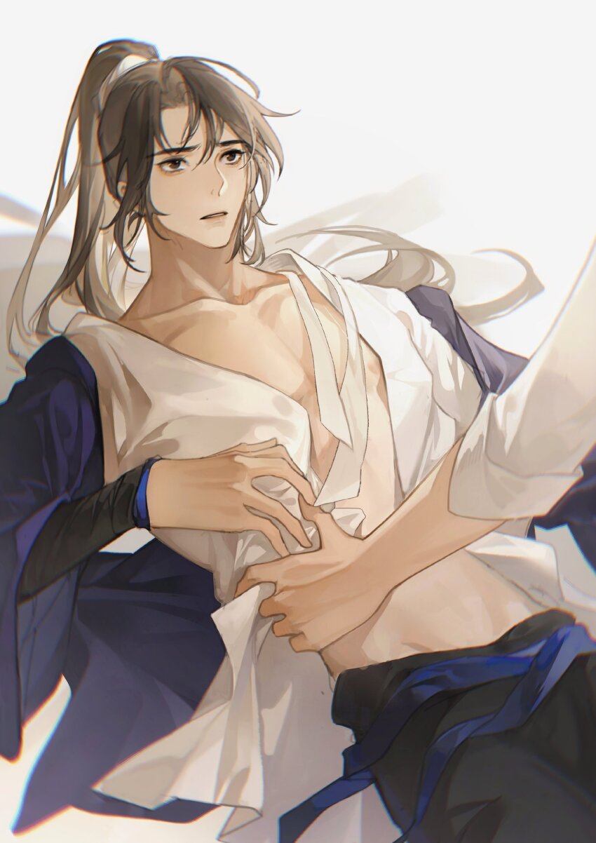 2boys, black_pants, blue_hanfu, brown_eyes, brown_hair, cheng_qian, chinese_clothes, chinese_commentary, chromatic_aberration, collarbone, cowboy_shot, hair_ribbon, hanfu, high_ponytail, highres, liu_yao, long_hair, long_sleeves, looking_ahead, looking_at_another, lying, male_focus, mingtiantian, multiple_boys, on_back, open_clothes, out_of_frame, pants, parted_lips, pectoral_cleavage, pectorals, ponytail, ribbon, undressing_another, white_ribbon, yan_zhengming, yaoi