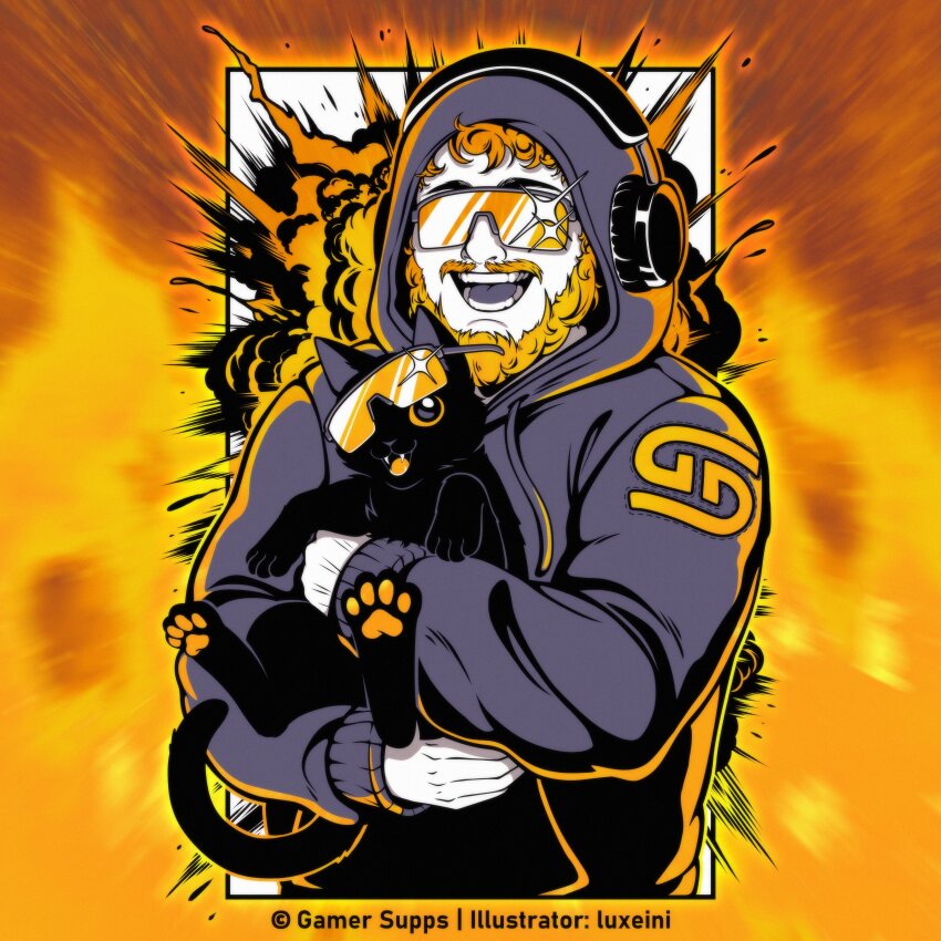 1boy, absurdres, animal, animification, beard, caseoh, cat, explosion