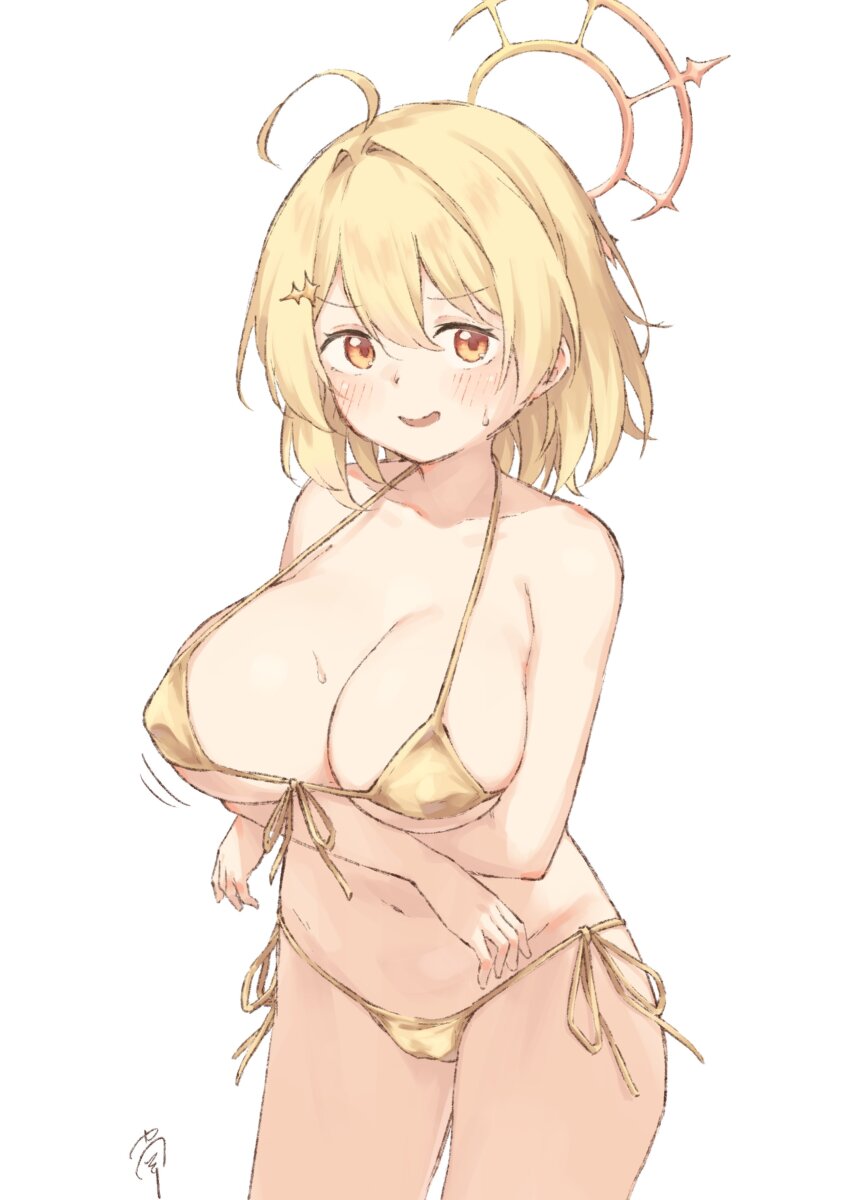 1girl, absurdres, ahoge, arms_under_breasts, bikini, blonde_hair, blush, breasts, cleavage, commentary_request, cowboy_shot, gold_bikini, hair_intakes, halo, highres, hinata_mashu, large_breasts, looking_at_viewer, minami_susi, nanashi_inc., navel, open_mouth, orange_eyes, orange_halo, signature, simple_background, solo, swimsuit, virtual_youtuber, white_background