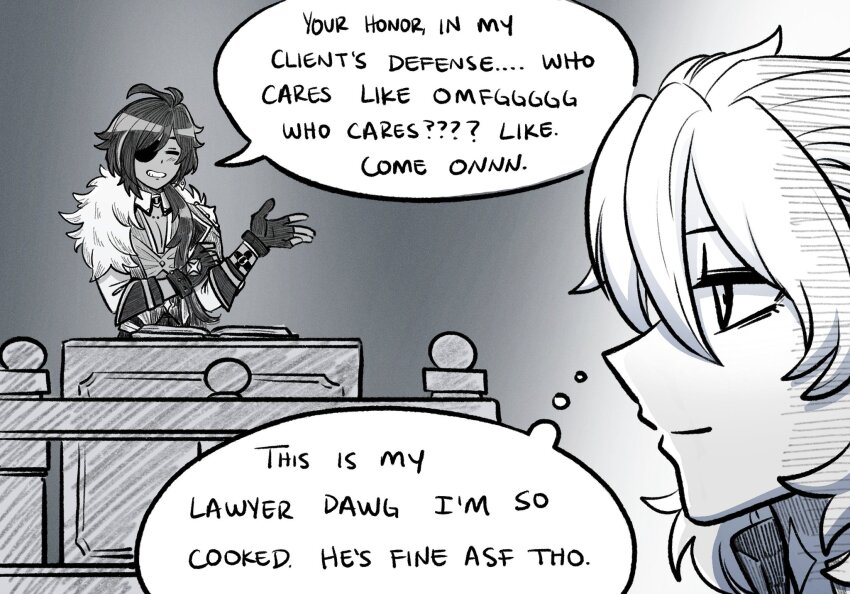 2boys, albedo_(genshin_impact), closed_eyes, commentary, courtroom, english_commentary, english_text, eyepatch