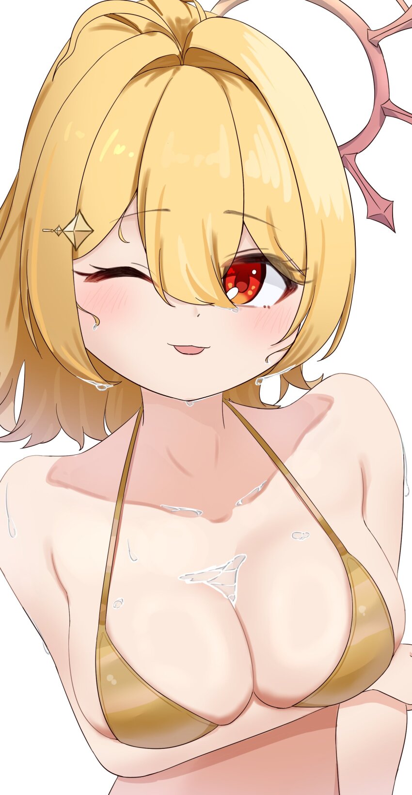1girl, absurdres, ahoge, alternate_costume, bikini, blonde_hair, blush, breasts