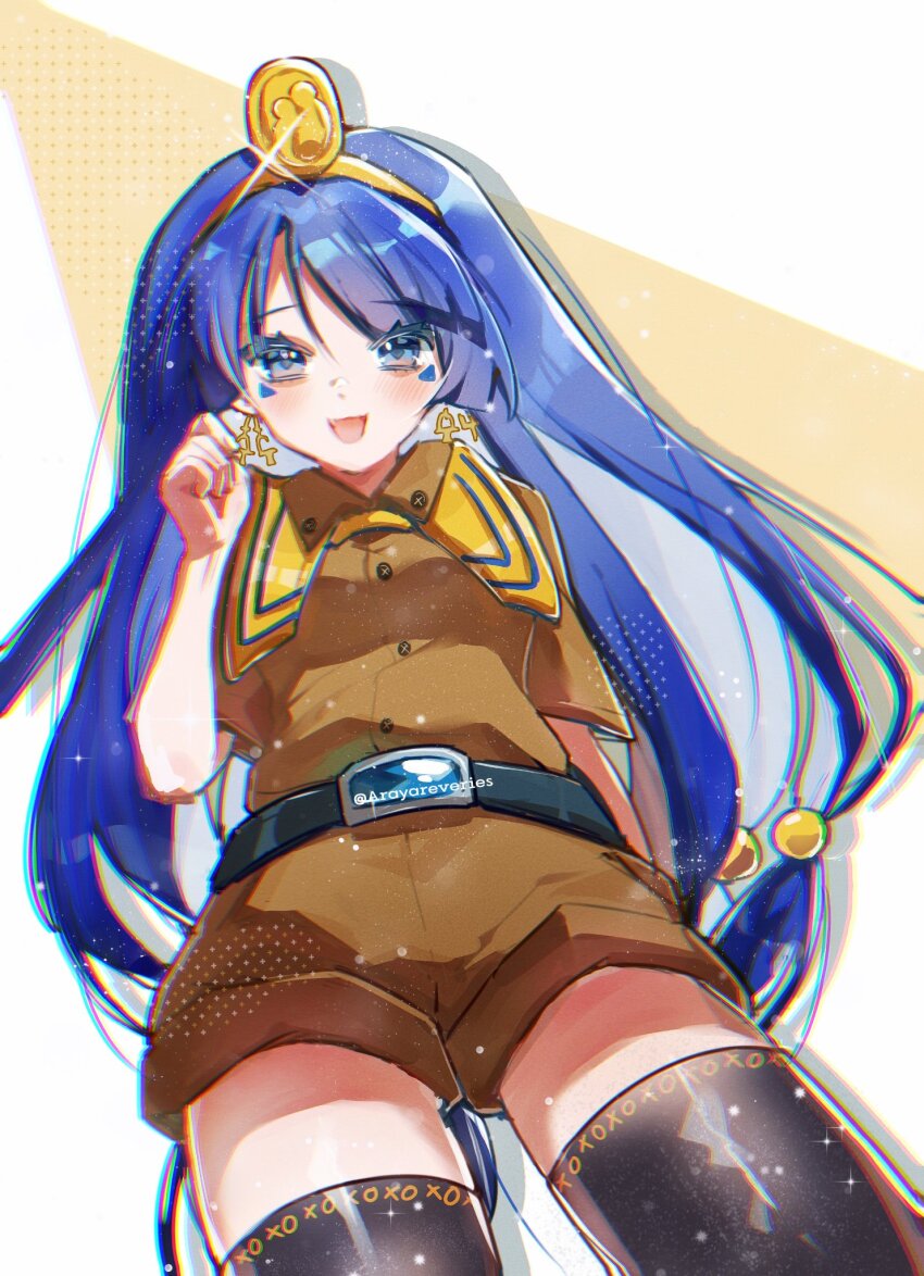 1girl, belt, belt_buckle, black_belt, black_thighhighs, blue_eyes, blue_hair, blush