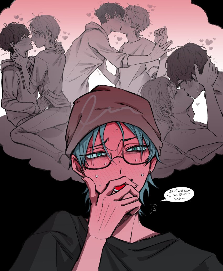 2boys, absurdres, alien_stage, black_shirt, brown_hat, commentary, english_commentary, english_text, french_kiss, glasses, green_eyes, grey_hair, hand_on_own_face, hat, highres, hood, hoodie, ivan_(alien_stage), kiss, male_focus, multiple_boys, open_mouth, shinumeru, shirt, short_hair, sitting, sitting_on_lap, sitting_on_person, smile, speech_bubble, sweat, thought_bubble, till_(alien_stage), yaoi