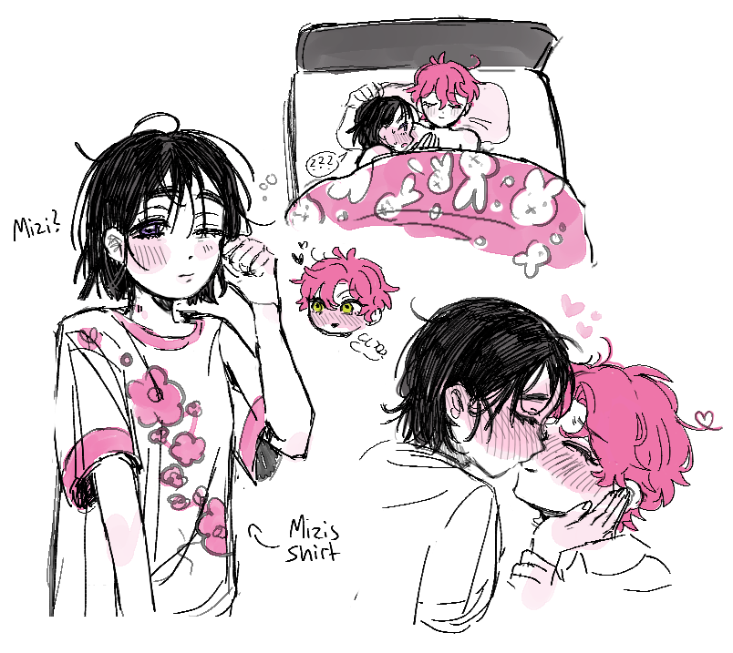 2girls, ?, ??, alien_stage, black_hair, blush, commentary, english_commentary