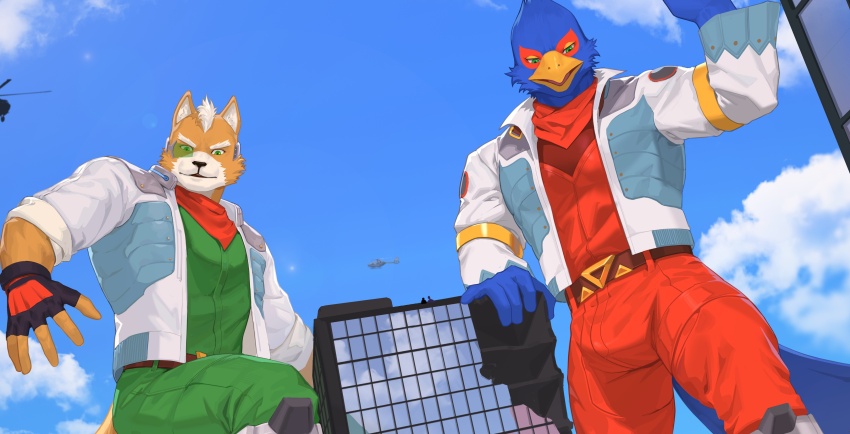 2boys, absurdres, aircraft, animal_ears, bird_boy, bird_ears, bird_tail, blue_sky