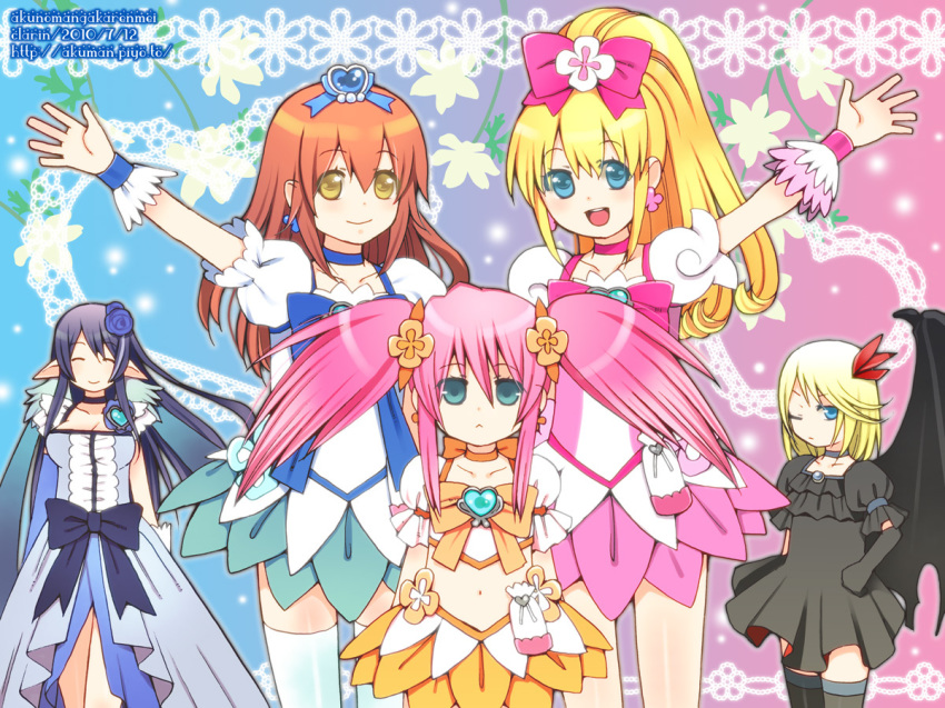 1boy, 4girls, black_neckwear, blue_skirt, bow, brooch, chastel_aiheap, colette_brunel, cosplay, cure_blossom, cure_blossom_(cosplay), cure_marine, cure_marine_(cosplay), cure_moonlight, cure_moonlight_(cosplay), cure_sunshine, cure_sunshine_(cosplay), dark_precure, dark_precure_(cosplay), heart, heart_brooch, heartcatch_precure!, high_ponytail, hisakawa_aya, in-franchise_crossover, jewelry, judith_(tales), kurarin, kuwashima_houko, magical_girl, mithos_yggdrasill, mizuki_nana, mizusawa_fumie, multiple_girls, orange_bow, pantyhose, pink_bow, ponytail, precure, presea_combatir, skirt, tales_of_(series), tales_of_symphonia, tales_of_vesperia, tales_of_vesperia:_the_first_strike, thighhighs, trap, voice_actor_connection, waist_bow, yellow_bow