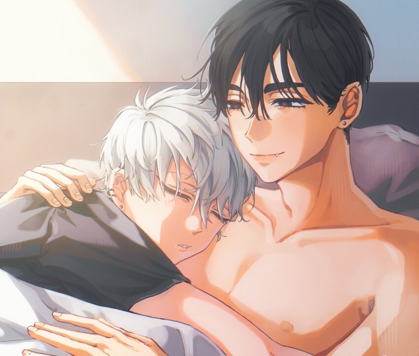 2boys, alien_stage, bare_pectorals, black_eyes, black_hair, black_shirt, closed_mouth, collarbone