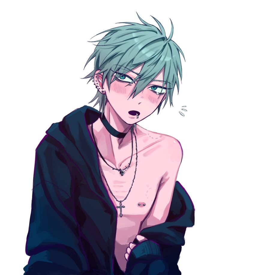 1boy, alien_stage, barbell_piercing, bite_mark, bite_mark_on_shoulder, black_choker, blush, choker, commentary, cross, cross_necklace, ear_piercing, earrings, english_commentary, face_piercing, green_eyes, grey_hair, highres, hood, hoodie, jewelry, lip_piercing, male_focus, necklace, nipple_piercing, notice_lines, open_clothes, open_hoodie, piercing, shinumeru, short_hair, single_off_shoulder, solo, till_(alien_stage), very_short_hair