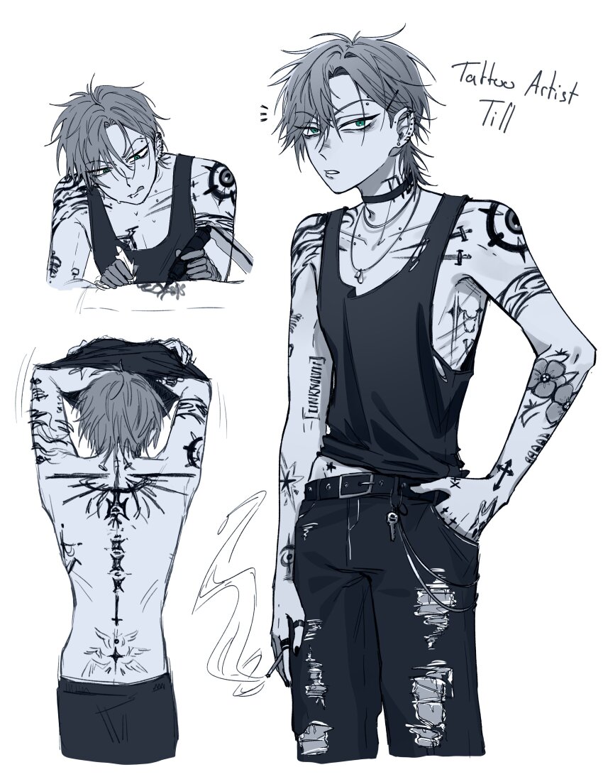 1boy, absurdres, alien_stage, arm_tattoo, back_tattoo, belt, bobby_pin, character_name