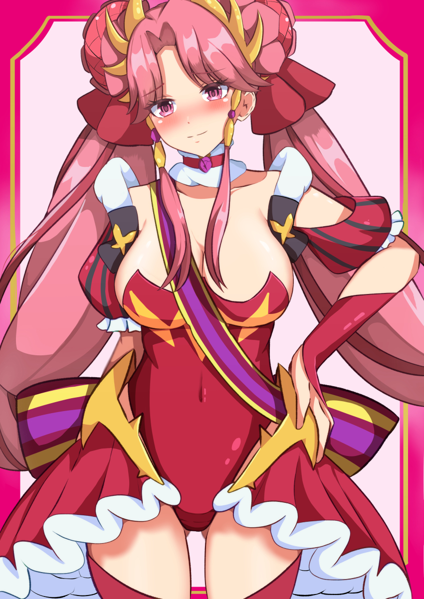 1girl, absurdres, araaraneko, blush, breasts, closed_mouth, embarrassed, gloves, gluteal_fold, highres, large_breasts, leotard, navel, pink_eyes, pink_hair, princess_zeal, princession_orchestra, print_leotard, puffy_short_sleeves, puffy_sleeves, red_gloves, red_leotard, shirube_kagari, short_sleeves, showgirl_skirt, smile, solo, twintails