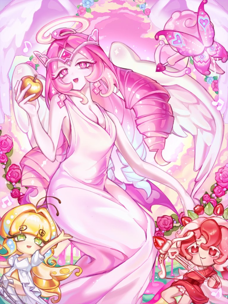 aegyo_sal, angel_wings, apple, arm_up, blonde_hair, bow_(weapon), breasts, character_request