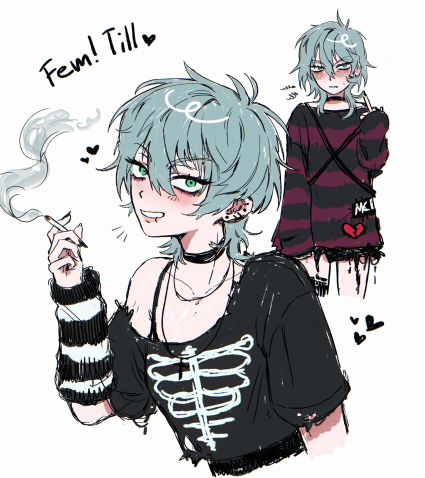 1girl, absurdres, alien_stage, black_shirt, black_shorts, black_sweater, bra_strap, character_name, cigarette, cross, cross_necklace, ear_piercing, earrings, face_piercing, genderswap, genderswap_(mtf), green_eyes, grey_hair, heart, highres, holding, holding_cigarette, jewelry, lip_piercing, medium_hair, middle_finger, multiple_views, necklace, piercing, purple_sweater, shinumeru, shirt, short_shorts, shorts, single_off_shoulder, skeleton_print, sleeves_past_wrists, smile, smoke, striped_clothes, striped_sweater, sweater, till_(alien_stage), two-tone_sweater, wolf_cut