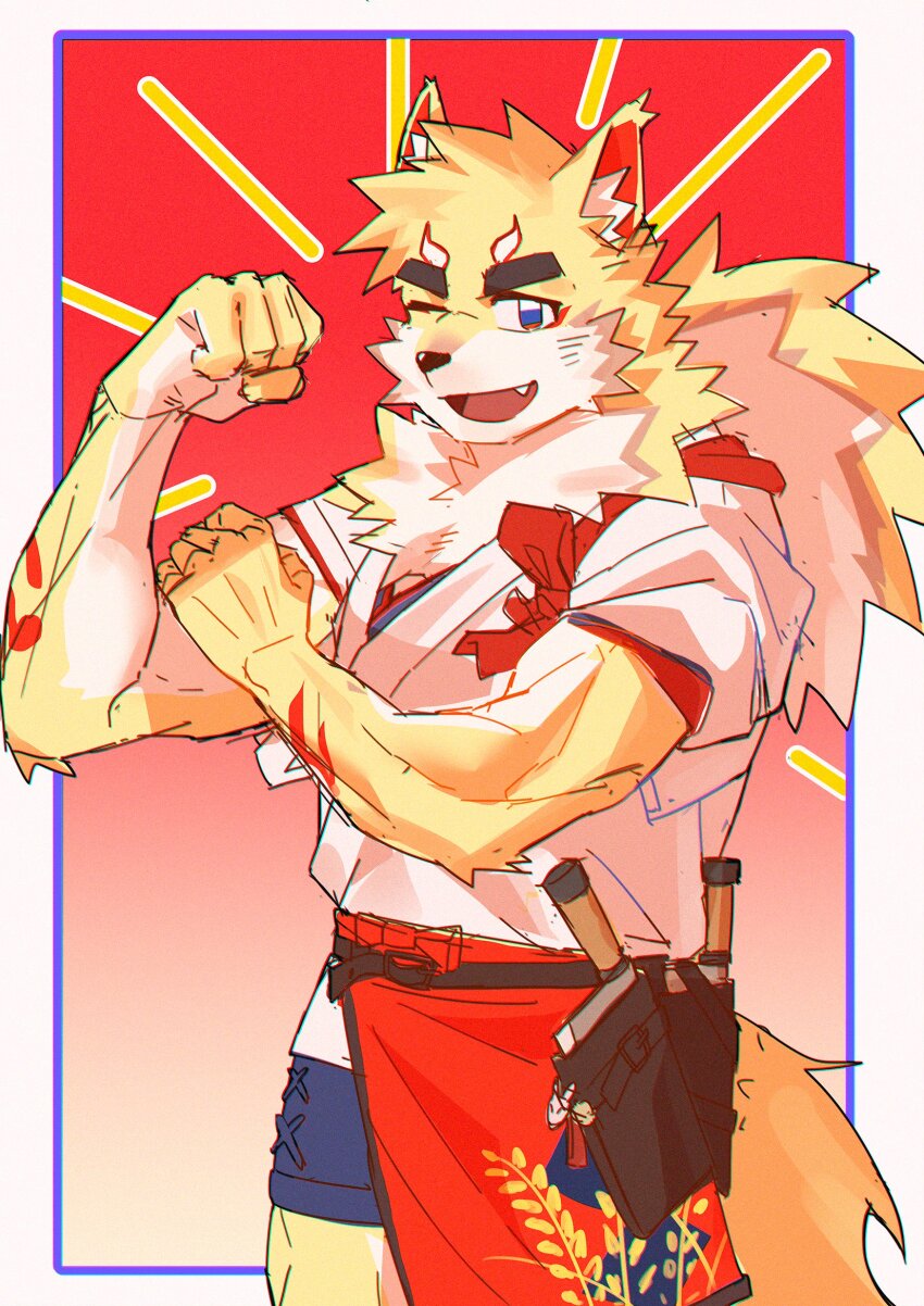 1boy, animal_ears, commentary, fang, flexing, fox_boy, fox_ears, fox_tail, furry, highres, inari_(housamo), looking_at_viewer, male_focus, one_eye_closed, open_mouth, smile, untranslatable_commentary, tail, tokyo_houkago_summoners, toned, toned_male, ye_xiang_(l3yj2vcknincza7)