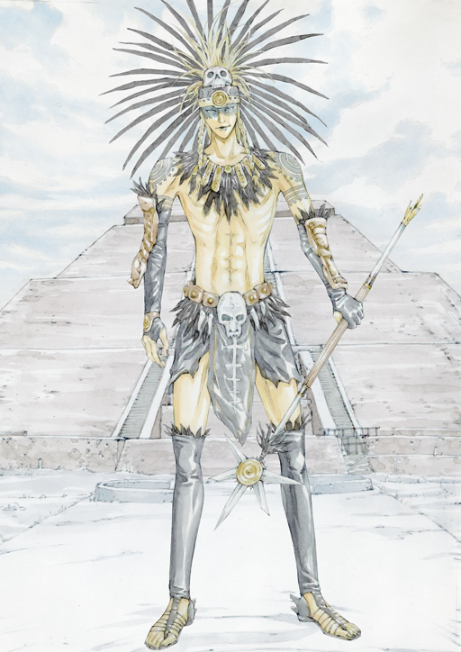 1boy, abs, architecture, arm_at_side, bare_shoulders, belt, black_gloves, black_skirt