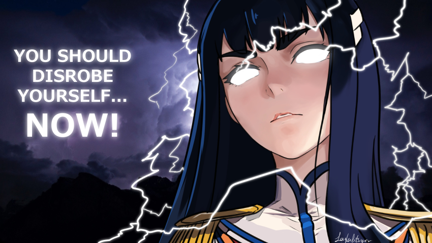 1girl, absurdres, black_hair, blank_eyes, english_text, epaulettes, hair_flowing_over, hair_ornament, highres, jacket, junketsu, kill_la_kill, kiryuuin_satsuki, laylaletsyou, lightning, long_hair, lowtiergod, meme, parted_lips, purple_sky, sky, solo, thick_eyebrows, upper_body, white_jacket, you_should_kill_yourself_now_(meme)