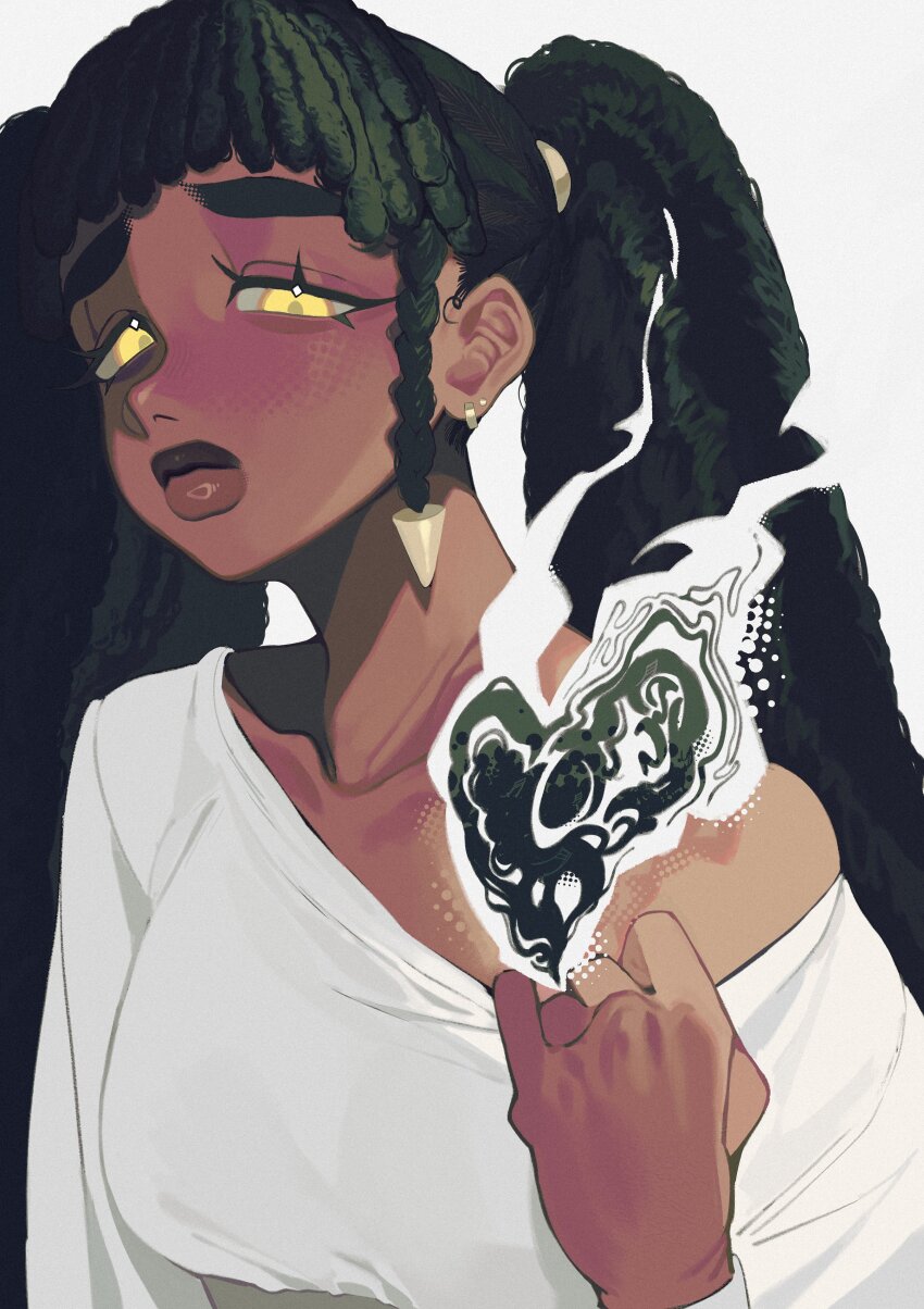 1girl, absurdres, black_hair, breasts, brown_lips, clothes_pull, dark-skinned_female, dark_skin