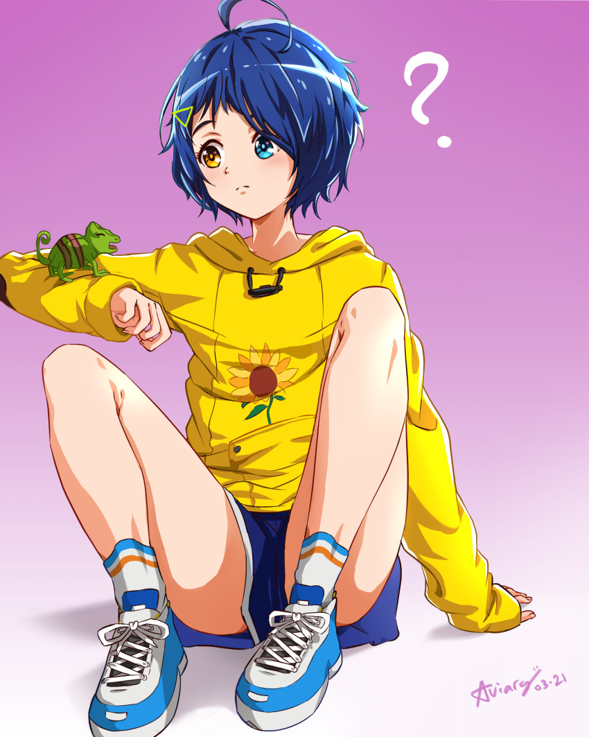 1girl, ?, aviary, bad_link, bad_reddit_link, blue_eyes, blue_hair, brown_eyes, child, fingernails, floral_print, flower, hair_ornament, hairclip, heterochromia, highres, hood, leon_(wonder_egg_priority), long_sleeves, ooto_ai, shoes, short_hair, shorts, simple_background, sitting, sneakers, socks, solo, sunflower_print, wonder_egg_priority