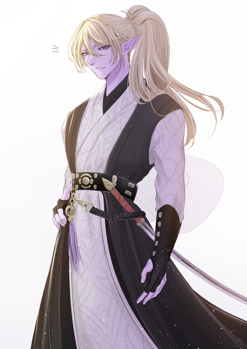 1boy, absurdres, alternate_costume, androgynous, black_gloves, blonde_hair, blue_eyes, braid, clothing_request, colored_skin, commentary_request, cowboy_shot, dragon_quest, dragon_quest_x, fairy_wings, gloves, hakuou_(dq10), hand_on_own_hip, highres, looking_at_viewer, looking_to_the_side, male_focus, notice_lines, parted_lips, pointy_ears, purple_skin, ragu_(user_ahwv5775), side_braid, solo, sword, weapon, white_background, wings