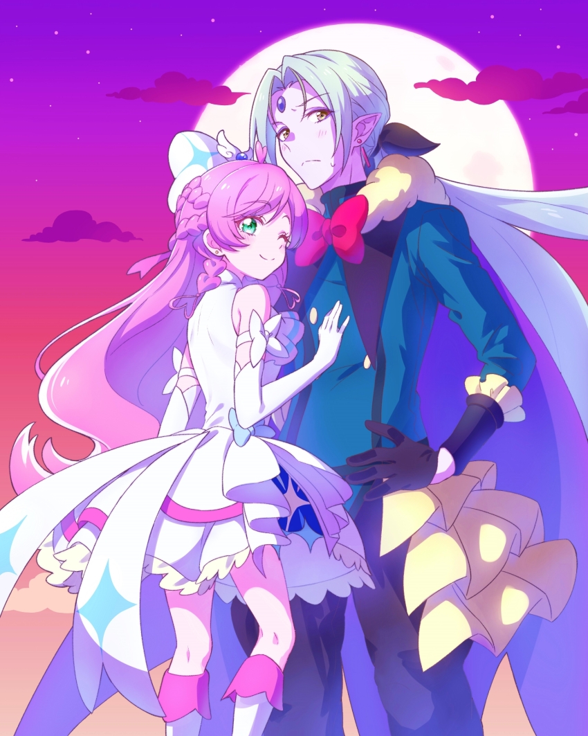 1boy, 1girl, ascot, battamonda, black_gloves, black_pants, bow, bowtie