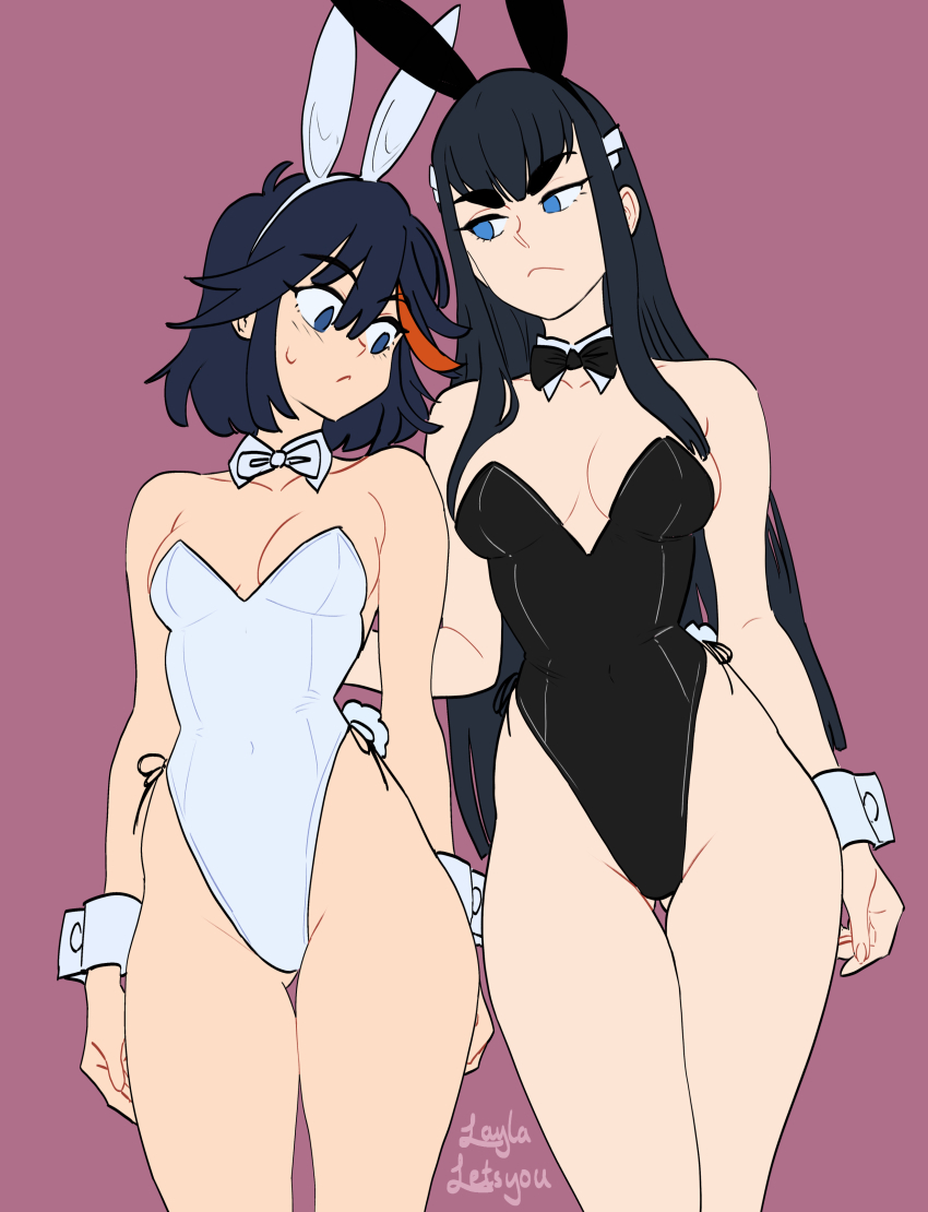 2girls, absurdres, animal_ear_hairband, animal_ears, bare_shoulders, black_hair, black_leotard, blue_eyes, blush, bow, bowtie, breasts, cleavage, covered_navel, detached_collar, fake_animal_ears, hairband, highleg, highleg_leotard, highres, kill_la_kill, kiryuuin_satsuki, laylaletsyou, leotard, long_hair, matoi_ryuuko, medium_breasts, multicolored_hair, multiple_girls, playboy_bunny, rabbit_ear_hairband, rabbit_ears, rabbit_tail, red_hair, revealing_clothes, short_hair, siblings, signature, sisters, strapless, strapless_leotard, streaked_hair, tail, thick_eyebrows, traditional_bowtie, two-tone_hair, white_leotard, white_wrist_cuffs, wrist_cuffs