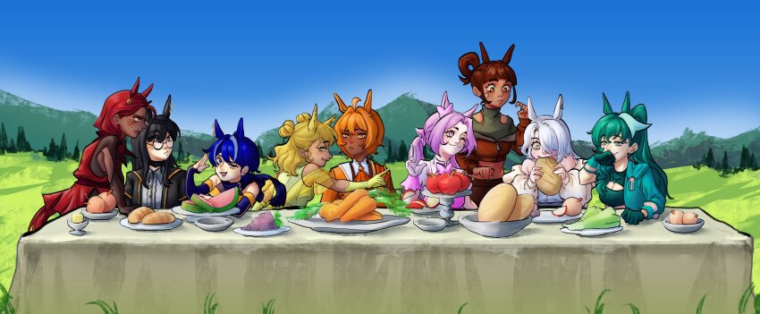 6+girls, absurdres, animal_ears, apple, aqua_hair, bandaid, bandaid_on_cheek, bandaid_on_face