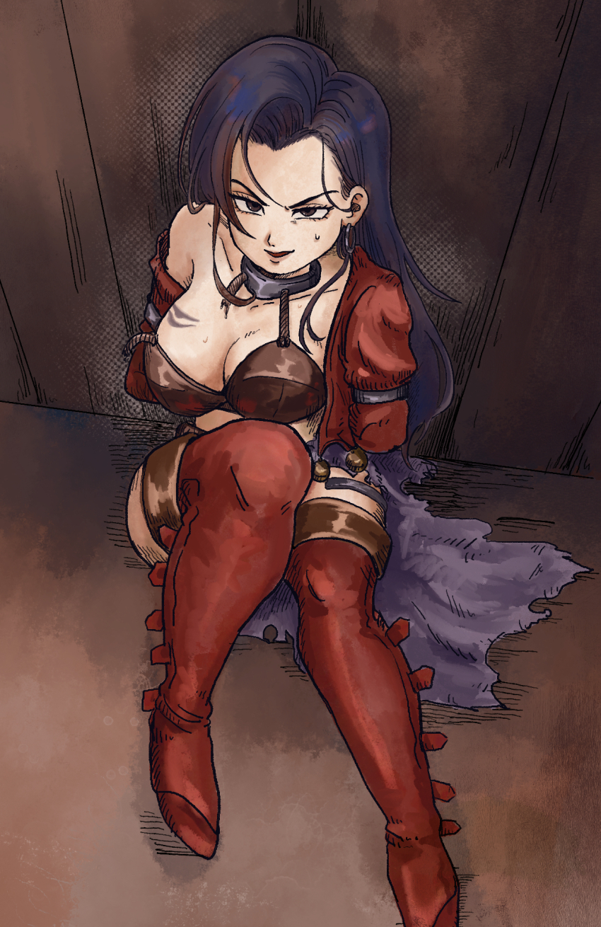 1girl, aira_(dq7), arms_behind_back, boots, bra, breast_tattoo, breasts, brown_bra, brown_bustier, brown_eyes, brown_hair, bustier, cleavage, commentary_request, dragon_quest, dragon_quest_vii, earrings, from_above, highres, hoop_earrings, jacket, jewelry, karumoimoi, knee_up, large_breasts, long_hair, looking_at_viewer, looking_up, on_floor, open_mouth, purple_skirt, red_boots, red_jacket, silver_earrings, silver_thighlet, skirt, solo, sweatdrop, tattoo, thigh_boots, thighlet, torn_bra, torn_clothes, torn_jacket, torn_skirt, underwear