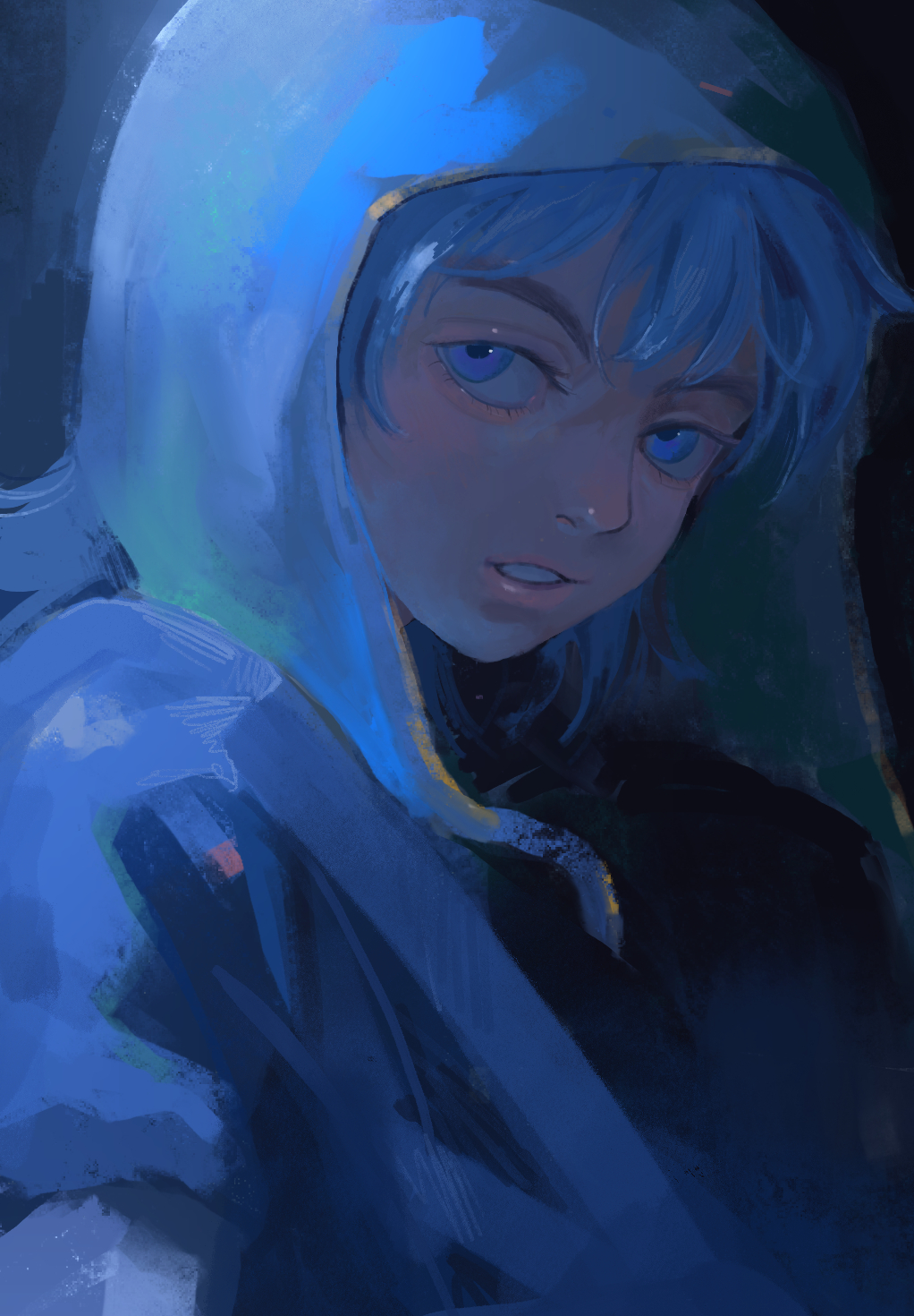 1boy, aqua_background, blue_eyes, blue_hair, blue_shirt, blue_theme, commentary_request, dragon_quest