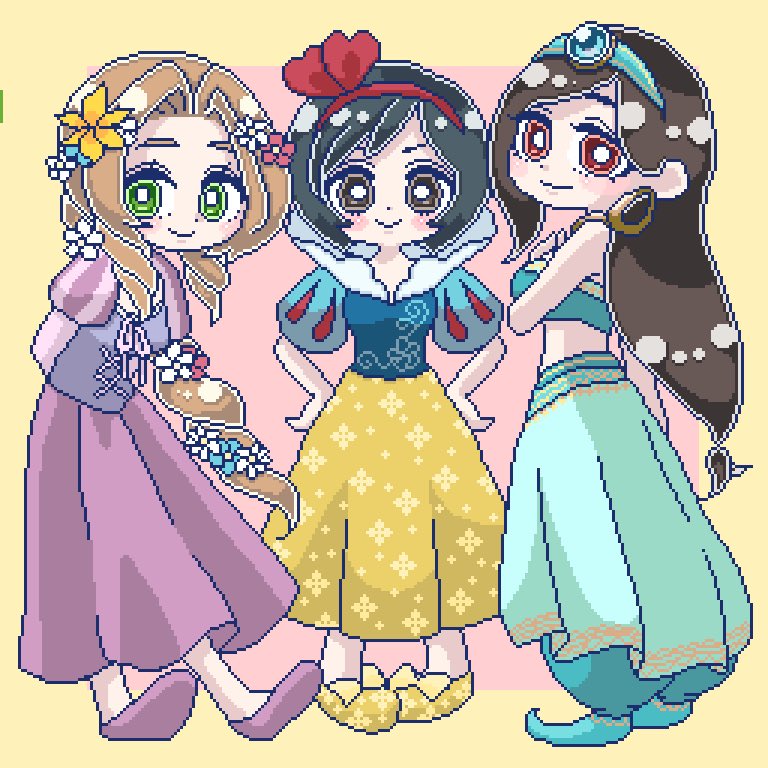 3girls, aerith_gainsborough, aqua_gem, aqua_hairband, aqua_pants, aqua_shoes, arms_behind_back, baggy_pants