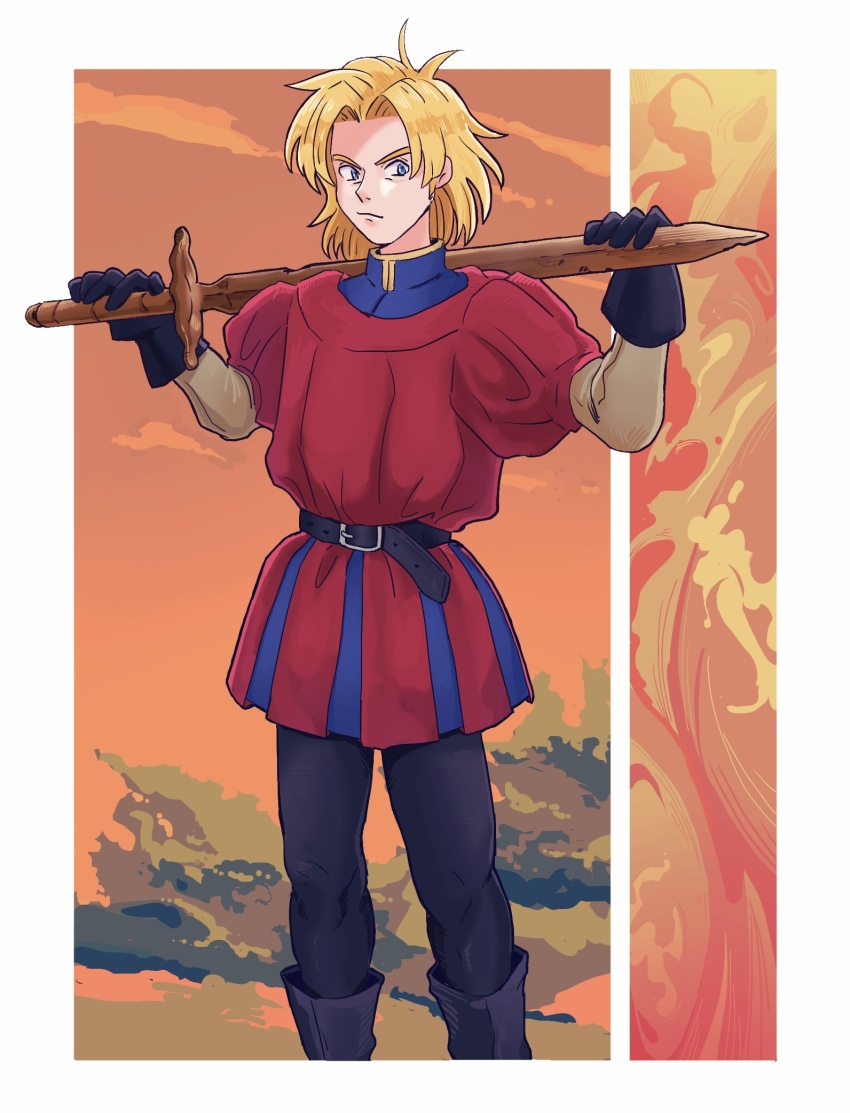 1boy, belt, black_belt, black_boots, black_gloves, black_pants, blonde_hair, blue_eyes