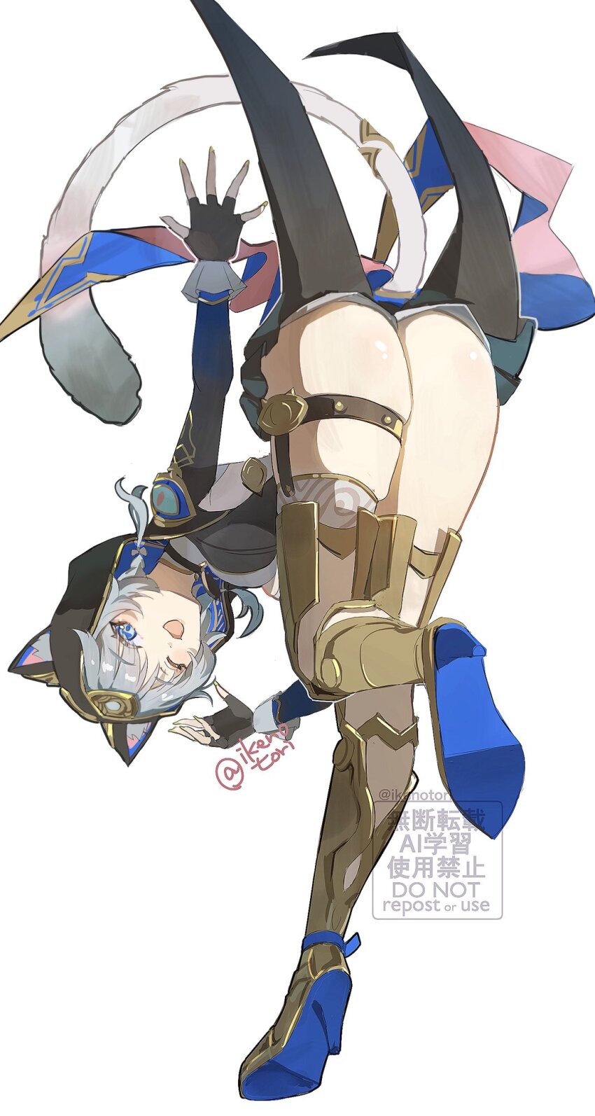 1girl, animal_ears, ass, cat_ears, cat_girl, cat_tail, cipher_(honkai:_star_rail), commentary_request, highres, honkai:_star_rail, honkai_(series), ikenotori, looking_at_viewer, simple_background, smile, tail, thigh_strap, thighs, white_background