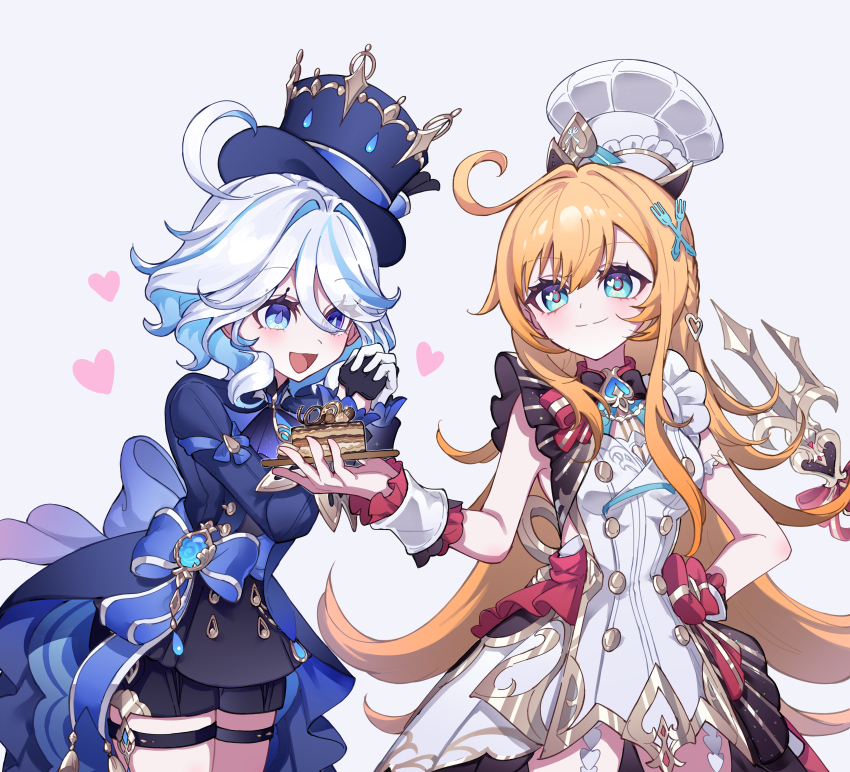 2girls, absurdres, ahoge, apron, aqua_eyes, black_shorts, blonde_hair, blue_bow
