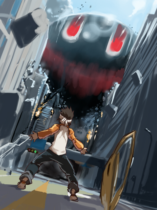 asakura_teppei, black_skin, car_door, city, colored_skin, concrete, dappled_sunlight, debris