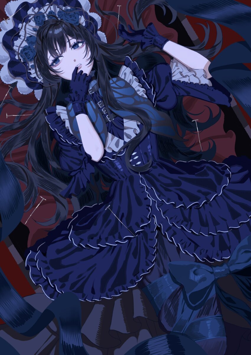 1girl, ado_(utaite), aegyo_sal, aishite_aishite_aishite_(vocaloid), blue_dress, blue_flower, blue_gloves, blue_ribbon